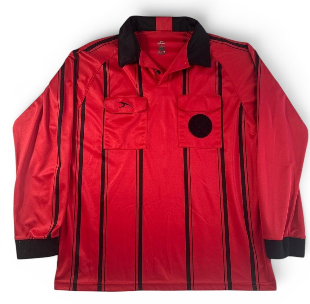 Score Soccer Referee Jersey Mens AL Red Black Striped Long Sleeve Official Shirt